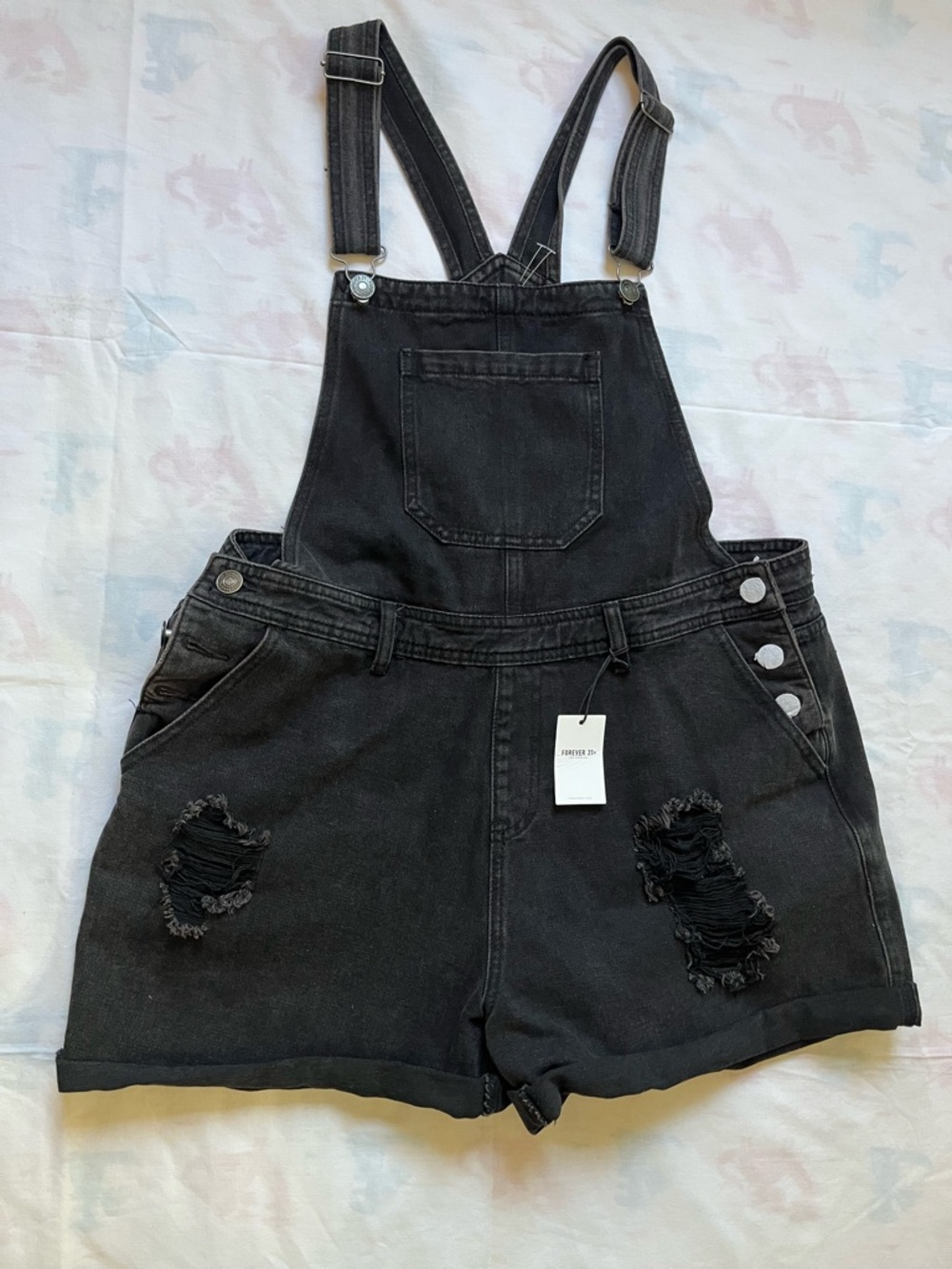 Forever 21 Black Distressed Denim Short Overalls